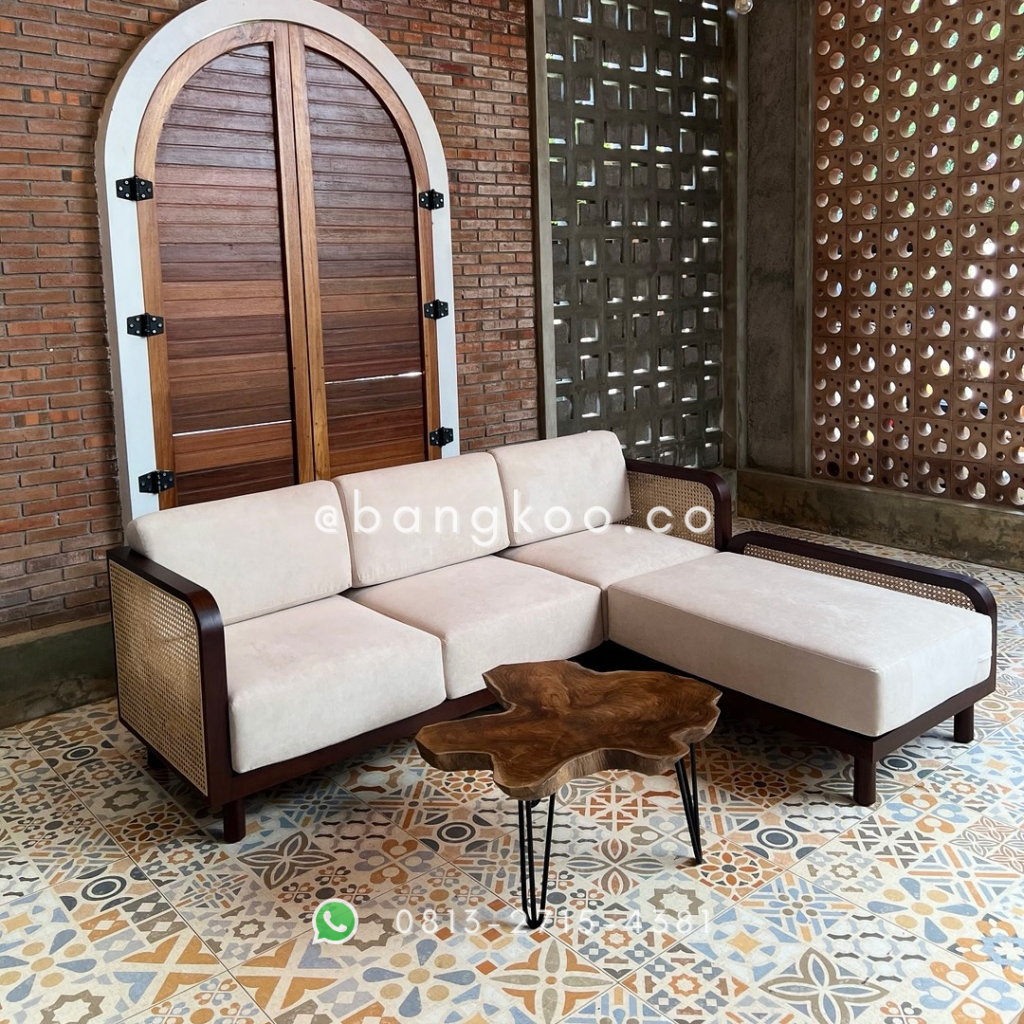 Sofa Sudut Jati Minimalis Rotan